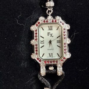 New Boxed Crystals, red ruby stones, Pendant Watch, Silver, thick, FX Necklace